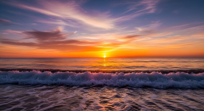 Vibrant ocean sunset with dramatic clouds and waves
