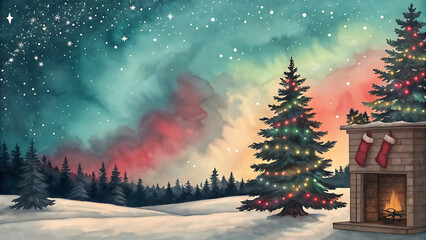 Fototapeta premium A cozy christmas scene with a decorated tree, fireplace, and snowy landscape under a starry sky, creating a warm and inviting holiday atmosphere