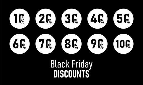 Set of Black Friday discount numbers in black, circular sale tags with 10%, 20%, 30%, 40%, 50%, 60%, 70%, 80%, 90%, 100% discounts, vector illustration on white background.