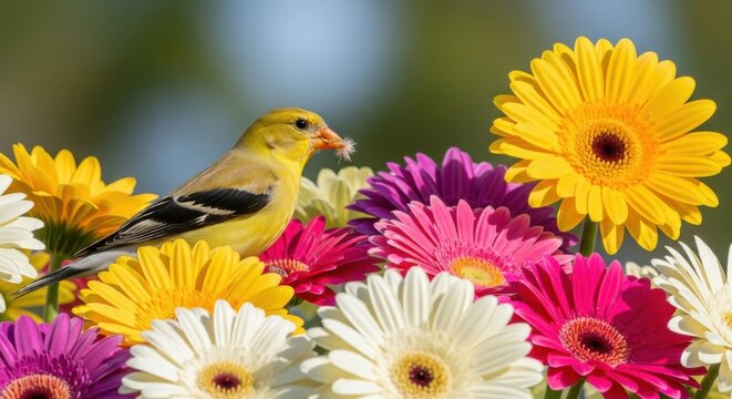 A vibrant yellow finch with a beak full of nesting material perches on a colorful array of blooming gerbera daisies