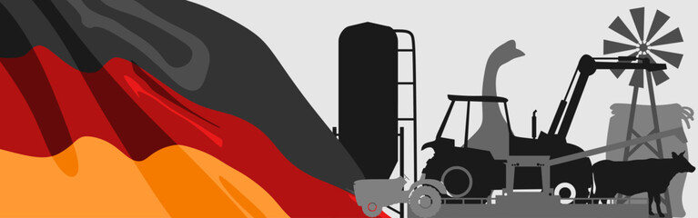Agricultural icons with waved flag of Germany. Background for eco products.