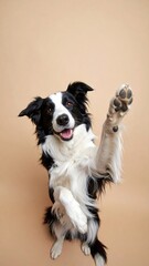 Fototapeta premium A black and white dog with its paw raised high in the air against a neutral peach background. The dog appears happy