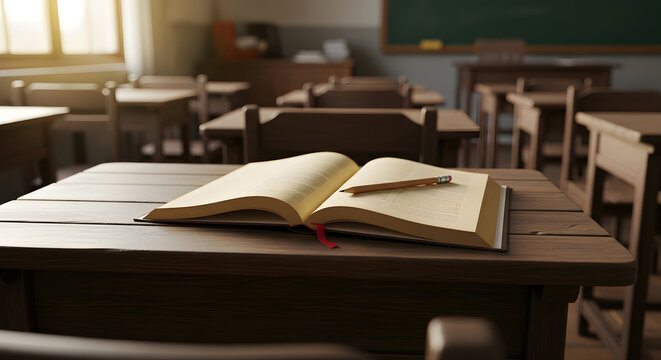 Empty classroom desk with open book and pencil on wooden table symbolizing education study and knowledge learning 83844729 1