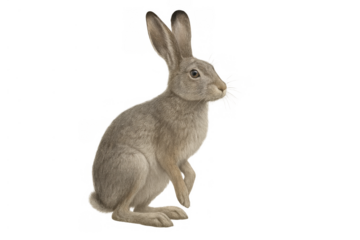 Wild hare standing, looking right, with tall ears and grey-brown fur, cut out on transparent background