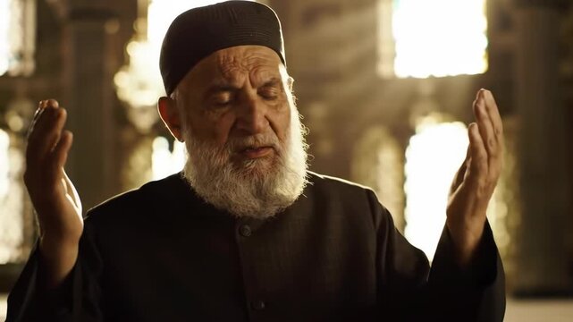 Elderly Muslim Man Praying with Hands Raised in a Mosque.