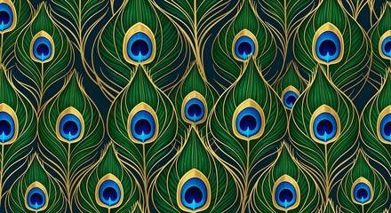 Emerald green and gold peacock feather seamless pattern with blue eyes for luxurious art deco wallpaper and textile design 49542212 1