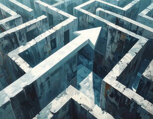 An abstract, detailed illustration depicts an elevated view of a complex maze, with a large, white arrow cutting through the center