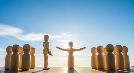 Leadership and communication concept with wooden figure speaking between two groups blue sky background 61740724 1