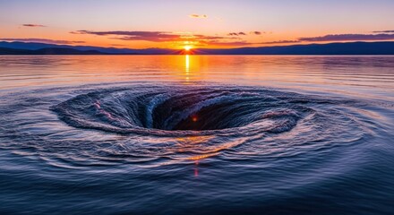 Whirlpool in a lake at sunset with dramatic sky.