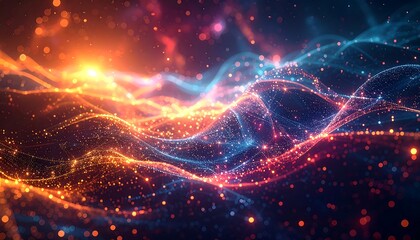 An abstract visualization of energy fields, composed of swirling lines and sparkling particles in fiery orange and cool blue tones