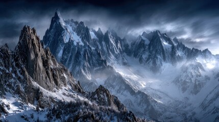 Obraz premium Snow Covered Mountain Range Under Dramatic Cloudy Sky in Winter Scene