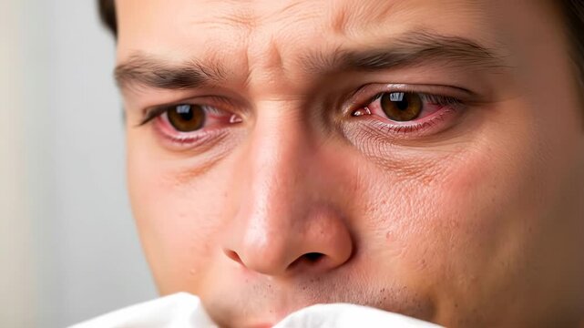 Close-up of a Man's Face Showing Red Irritated Eyes and Snotty Nose Wiping with a White Tissue Extreme Detail and Texture of Skin and Tears During Allergy Season or Sickness