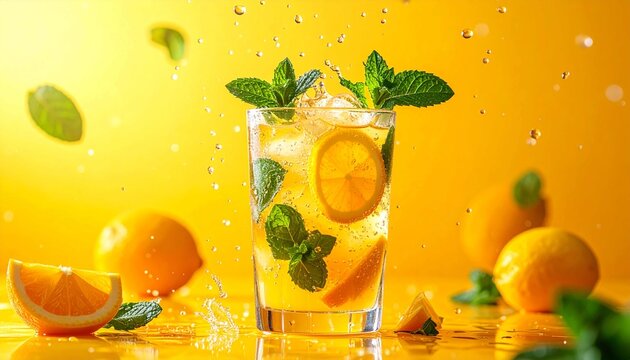 This close-up, sharp-focus image shows a refreshing glass of iced lemonade. The clear glass contains ice cubes, lemon slices, and fresh mint leaves. The bright yellow liquid splashes around. e