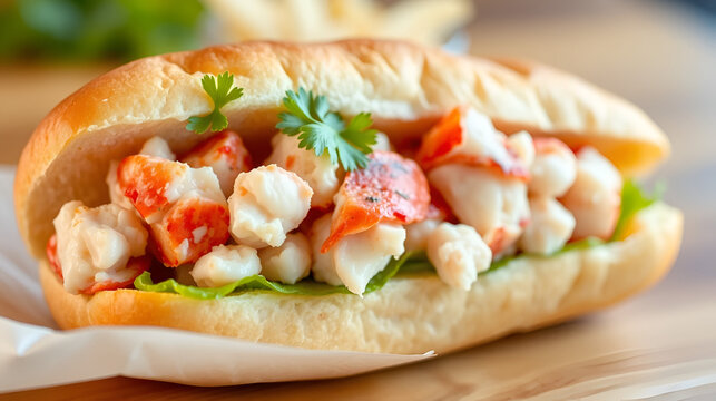 A gourmet lobster roll filled with succulent chunks of lobster meat, Each bite showcasing its sweet, tender texture and buttery flavor