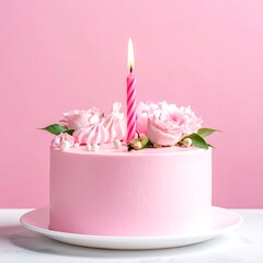 A round, pink frosted cake is decorated with roses, meringues, and a lit pink candle on a white plate against a pink backdrop