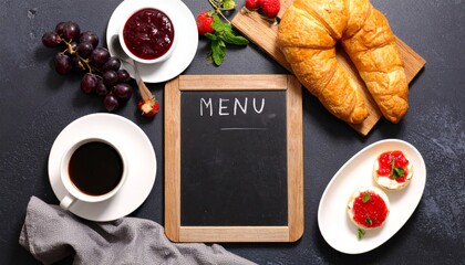 Breakfast menu setup with pastries and fruit.