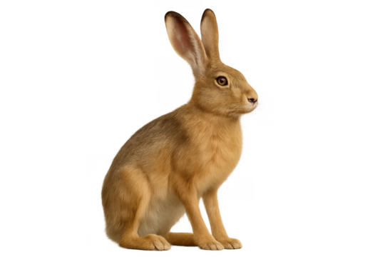 European hare sitting on transparent background, brown mammal with long ears, wild animal cut out for design