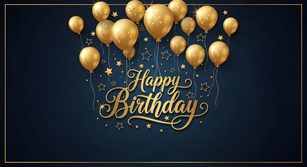 Elegant happy birthday card with gold text balloons and stars. Use for classy party invites celebration decor and festive announcements 86421281 1