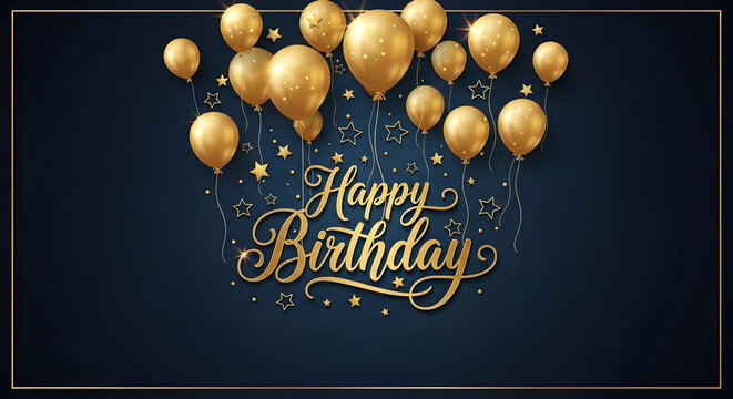 Elegant happy birthday card with gold text balloons and stars. Use for classy party invites celebration decor and festive announcements 86421281 1