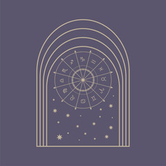 Astrology symbols in circle and stars in arch frame.