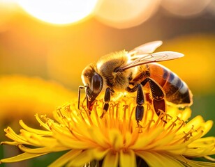 Close-up of a bee on a bright yellow flower, bathed in warm sunlight