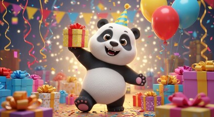 Fototapeta premium Cute Panda Character Celebrating Birthday Surrounded by Gifts and Balloons.