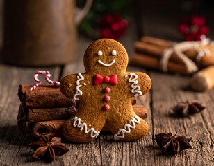 Close-up of a gingerbread man cookie, standing atop cinnamon sticks, with decorative icing and a festive bowtie. A rustic wooden background