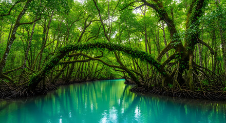 Obraz premium Jungle mangrove forest landscape with vivid green canopy and sprawling roots over quiet tropical turquoise river 49761750 1