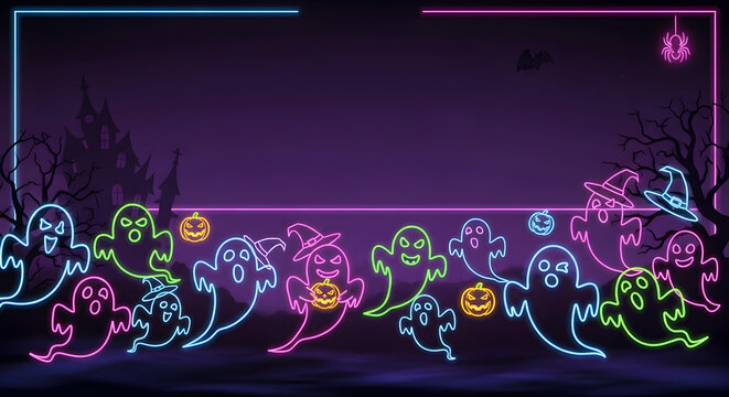 Halloween neon ghost parade poster with copy space. Ideal for haunted events party invitations seasonal advertising and spooky promotions 84238310 1