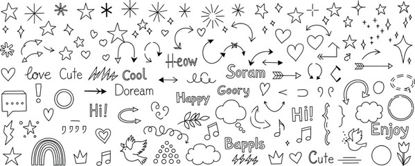 Collection of hand drawn arrows and decorative elements in black and white sketch style