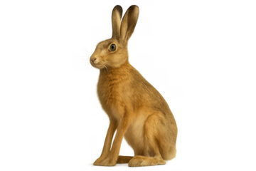 Brown european hare sitting with long ears, looking to the left. Wild animal on a transparent background