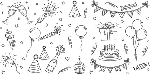 Hand drawn sketch of birthday party elements including cake champagne glasses gift and balloons on white background © Mst.China Khatun
