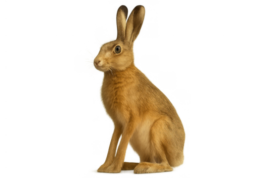 Brown european hare sitting with long ears, looking to the left. Wild animal on a transparent background