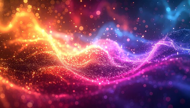 An abstract, dynamic digital artwork showing swirling waves of light in orange, red, purple, and blue hues with sparkling particles