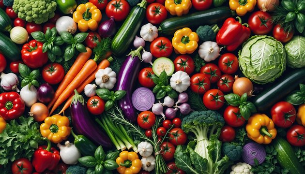 Overhead view of fresh assortment of vegetables and herbs on a surface