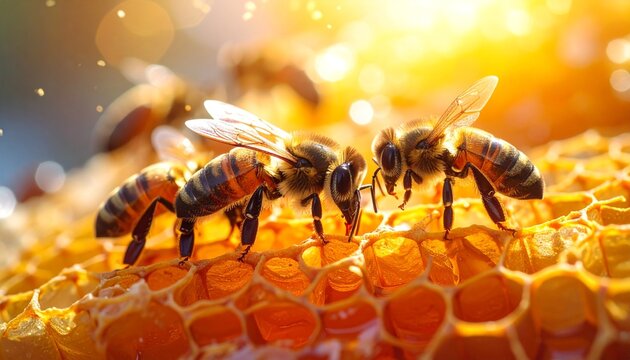 Bees on honeycomb with sunlight.