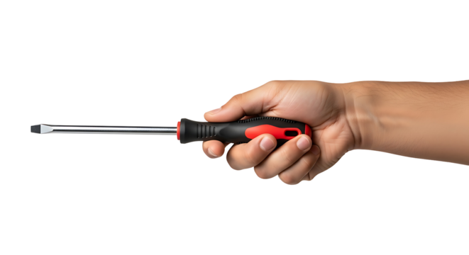 Hand Holding Slotted Screwdriver Tool Shiny Metal Work Equipment Closeup