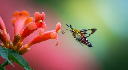 A hummingbird moth hovers near an orange trumpet flower, collecting nectar on a sunny day