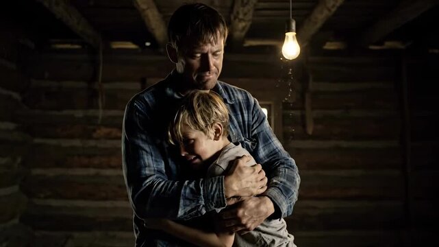 A sad moment of a father and a son embracing together in sorrow inside a cabin house.