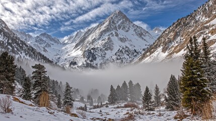 Fototapeta premium Snowy Mountain Landscape with Tall Peaks Forested Valley and Blue Sky Natural Winter Scene
