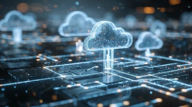 Cloud Computing Innovation: A visionary image of digital cloud icons shimmering amidst an intricate network of illuminated pathways.