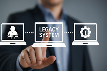 Legacy System Business Technology Interoperability Modernization concept. Person using virtual touch screen presses the inscription LEGACY SYSTEM