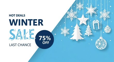 Hot deals winter sale last chance 75% off with snowflakes and christmas tree decorations