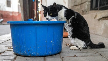 Black and white cat drinks from blue basin.