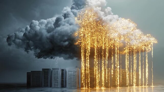 Cloud Data Integration: A visual metaphor of a server farm connected to a glowing cloud, symbolizing data transfer and cloud computing.