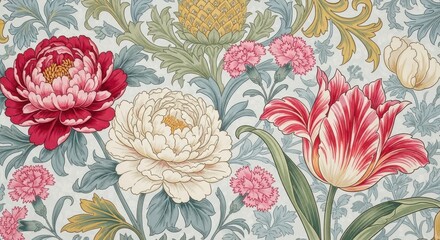 Vintage floral pattern with peonies and tulips in red, pink, and cream colors on a light blue background