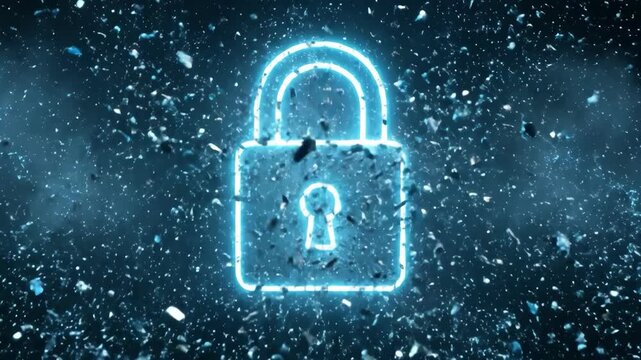Digital Shield: A luminous padlock glows with an aura of security, a symbol of protection in the vast digital realm, with data fragments creating an aesthetic environment. 