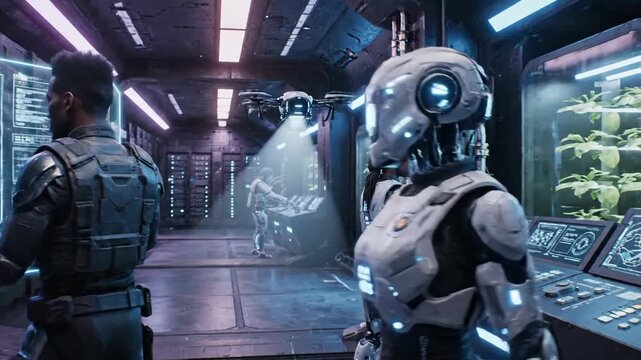 Futuristic interior with people interacting with technology