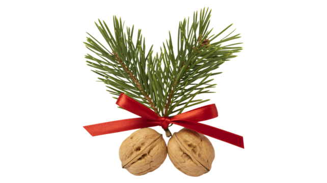 Festive walnuts tied with red ribbon on pine branch for holiday cheer