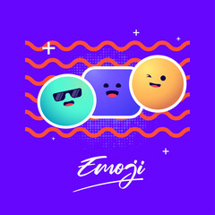 A bright and playful World Emoji Day concept featuring three expressive emojis on a vibrant purple background. The cheerful characters create a fun and modern look, perfect for themes of emotion